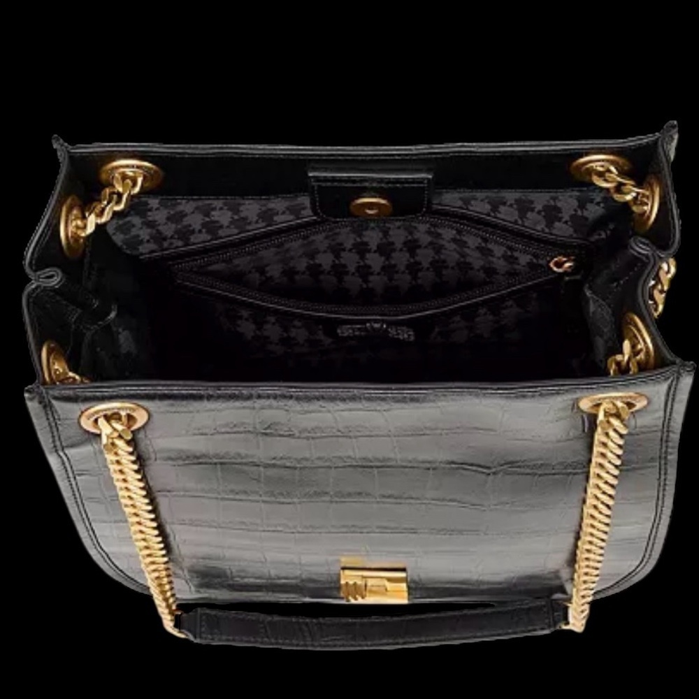 Karl Lagerfeld Paris Black Croc-Embossed Leather gold chain strap hobo bag - Picture 4 of 16